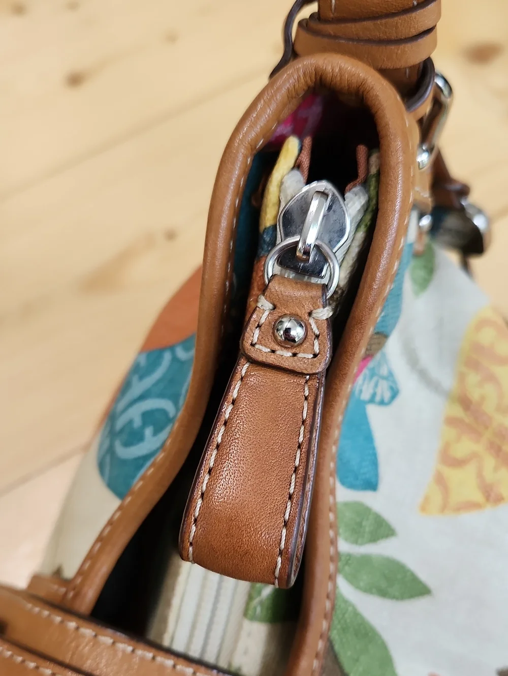 Vintage Fossil Floral Canvas Shoulder Bag Leather Trim Y2k - Picture 9 of 17